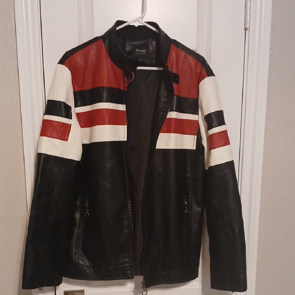 Stylish Black, Red, and White Leather Bomber Jacket
